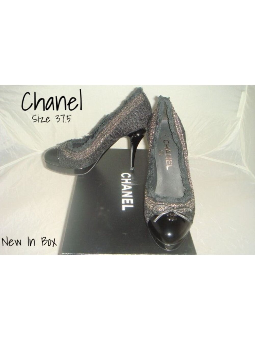 Chanel Black Tweedy Interlocking CC Logo Platform Pumps Size 37.5 New In Box